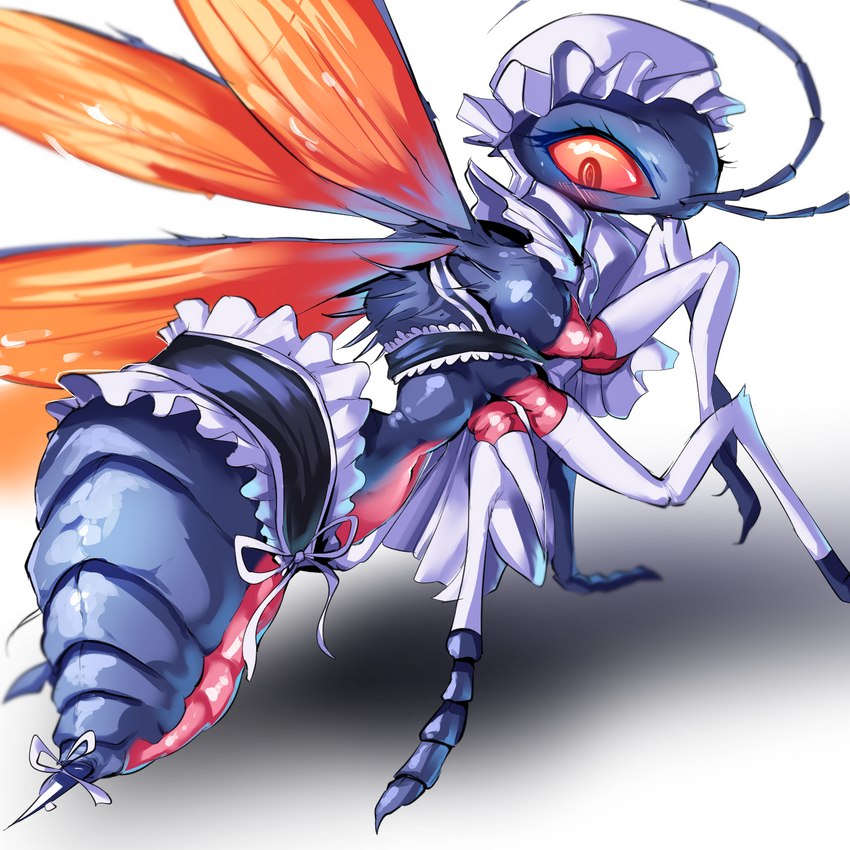 6_legs antennae_(anatomy) arthropod_abdomen blush bow_ribbon clothed clothed_feral clothing eyelashes female feral insect_wings legwear lingerie lingerie_on_feral looking_back maid_headdress mandibles multi_leg multi_limb red_eyes ribbons simple_background solo stinger thigh_highs white_background wings chobonolly fallout microsoft arthropod cazador_(fallout) hymenopteran insect spider_wasp tarantula_hawk_wasp wasp 1:1 hi_res