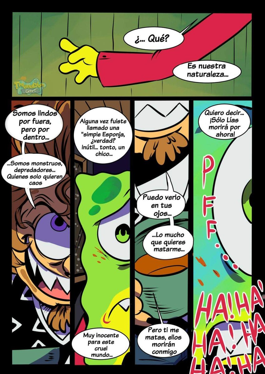 anthro beverage container cup dialogue duo frown fusion laugh male on_model pfft sharp_teeth speech_bubble teeth text toony vocalization vowelless vowelless_vocalization pancaketiffy nickelodeon spongebob_squarepants greenie_(pancaketiffy) robert_(pancaketiffy) spongebob_squarepants_(character) marine sea_sponge comic hi_res spanish_text translation_check translation_request