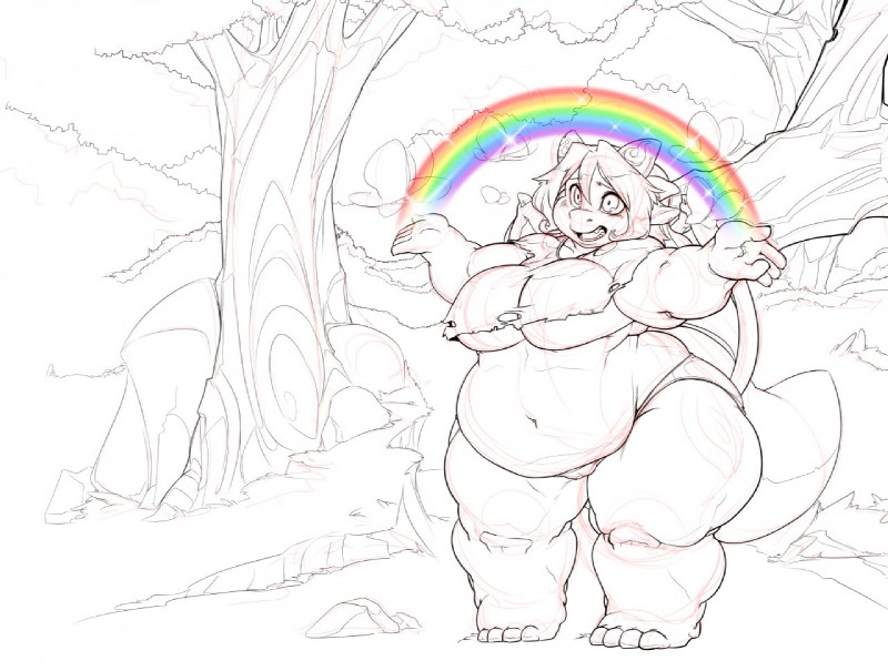 big_breasts breasts clothing female forest fupa horn midriff non-mammal_breasts obese obese_female overweight overweight_female plant rainbow rainbow_arch solo tail thick_tail torn_clothing tree under_boob behemuffin mythology dragon mythological_creature mythological_scalie scalie monochrome sketch