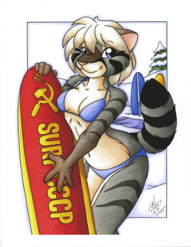 anthro bikini bikini_snowboarding border breasts clothed clothing female hammer_and_sickle looking_at_viewer outside outside_border skimpy snow snowboard solo swimwear tail two-piece_swimsuit michele_light felid feline mammal pallas's_cat 2007 absurd_res hi_res signature