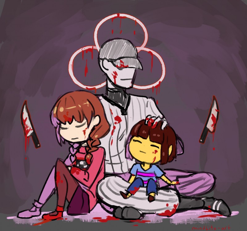 ambiguous_gender baseball_cap baseball_uniform blood bodily_fluids brown_hair clothed clothing dress eyes_closed female footwear group hair hat headgear headwear knife long_hair male not_furry shoes sportswear uniform hiakaneko off_(game) undertale undertale_(series) yume_nikki add-ons_(off) frisk_(undertale) madotsuki the_batter_(off) add-on human mammal 2015 digital_media_(artwork) hi_res