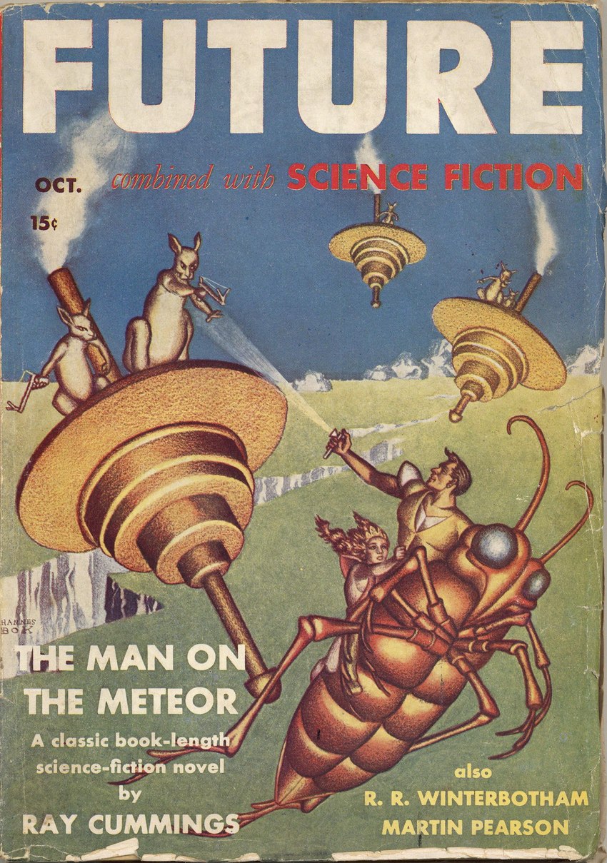 ambiguous_gender antennae_(anatomy) anthro blue_eyes brown_body brown_hair chasm clothed clothing female feral fully_clothed group hair male muscular muscular_human muscular_male nude outside pulp_cover ranged_weapon science_fiction sky slingshot smoke text ufo weapon yellow_eyes hannes_bok future_combined_with_science_fiction alien arthropod human insect kangaroo macropod mammal marsupial absurd_res english_text hi_res traditional_media_(artwork)