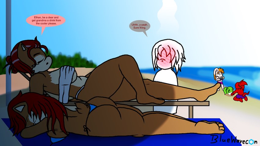 anthro big_breasts big_butt bikini blush blush_lines breasts brown_body brown_fur buried buried_in_sand butt clothed clothing dialogue female fur group hair male mature_female red_hair sand steam swimwear text thick_thighs topless two-piece_swimsuit bluewavecon archie_comics sega sonic_the_hedgehog_(archie) sonic_the_hedgehog_(comics) sonic_the_hedgehog_(series) sonic_underground alicia_acorn cream_the_rabbit fan_character knuckles_the_echidna manic_the_hedgehog sally_acorn chipmunk echidna eulipotyphlan ground_squirrel hedgehog lagomorph leporid mammal monotreme rabbit rodent sciurid 16:9 digital_media_(artwork) english_text hi_res widescreen grandchild_(lore) grandmother_(lore) grandparent_(lore) grandparent_and_grandchild_(lore) grandson_(lore) mother_(lore) mother_and_child_(lore) mother_and_son_(lore) parent_(lore) parent_and_child_(lore) parent_and_son_(lore) son_(lore)