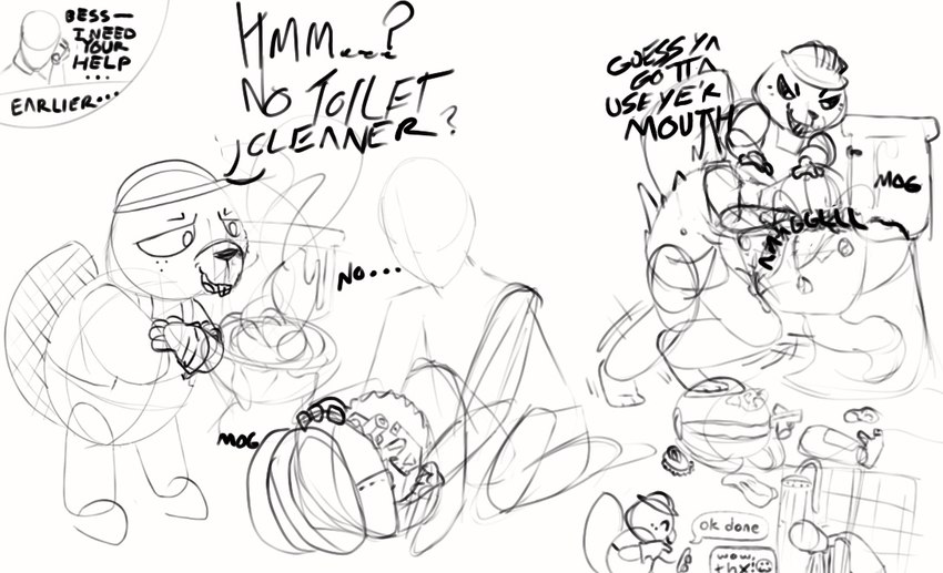 ambiguous_gender anthro armor backpack bodily_fluids clothed clothing duo eating_feces electronics excessive_feces feces feces_from_mouth feces_in_mouth feces_in_toilet force_feeding forced hard_hat head_in_toilet headgear helmet hyper hyper_feces phone scatplay text texting toilet vomit vomiting vomiting_feces why mao06 bessie_(house_flipper) beaver human mammal rodent english_text monochrome signature sketch
