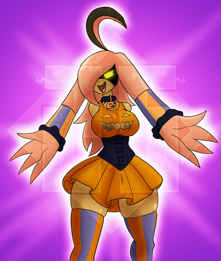 anthro bottomwear clothing collar corset female food fruit legwear lingerie one_eye_obstructed plant presenting pumpkin skirt small_waist solo thigh_highs topwear wide_hips diamond_grenadier meme_clothing nintendo pokemon generation_6_pokemon gourgeist pokemon_(species) hi_res meme