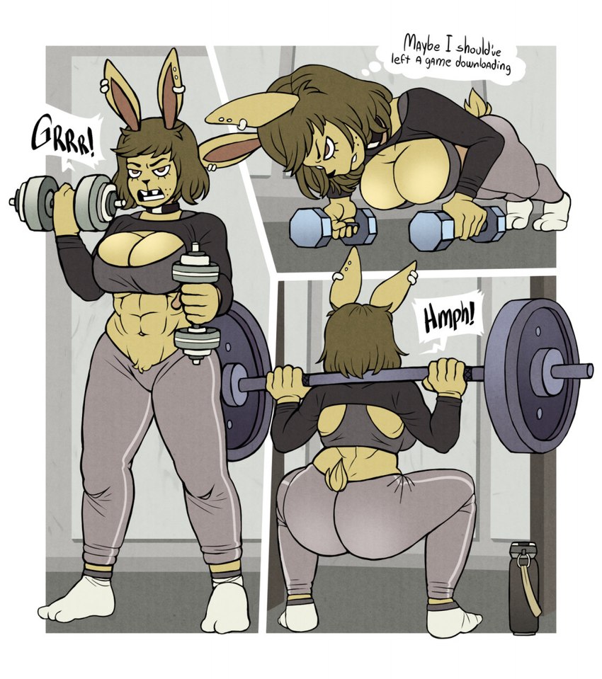 anthro athletic_wear barbell bicep_curl big_butt breasts butt dumbbell ear_piercing exercise female piercing push-up solo squats thought_bubble weightlifting weights workout workout_clothing ponehanon lap_of_luxury delaila_(ponehanon) lagomorph leporid mammal rabbit hi_res