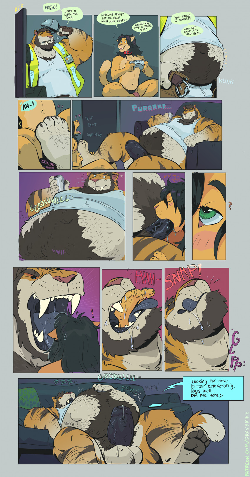 alcohol anthro anthro_on_anthro armor beard beer belly beverage beverage_can big_belly bodily_fluids cellphone construction_worker dialogue duo electronics facial_hair feet fellatio foot_fetish foot_focus foot_play fur gaming_controller hard_hat headgear heart_symbol helmet imminent_death larger_male licking licking_lips male male/male open_mouth oral oral_vore orange_body orange_fur overweight overweight_male penile phone saliva sex size_difference sleeping smaller_male sound_effects speech_bubble striped_body striped_fur stripes swallowing teeth text tongue tongue_out vore vowelless vowelless_sound_effect zzz dramamine felid mammal prehistoric_species saber-toothed_tiger smilodon absurd_res comic english_text hi_res