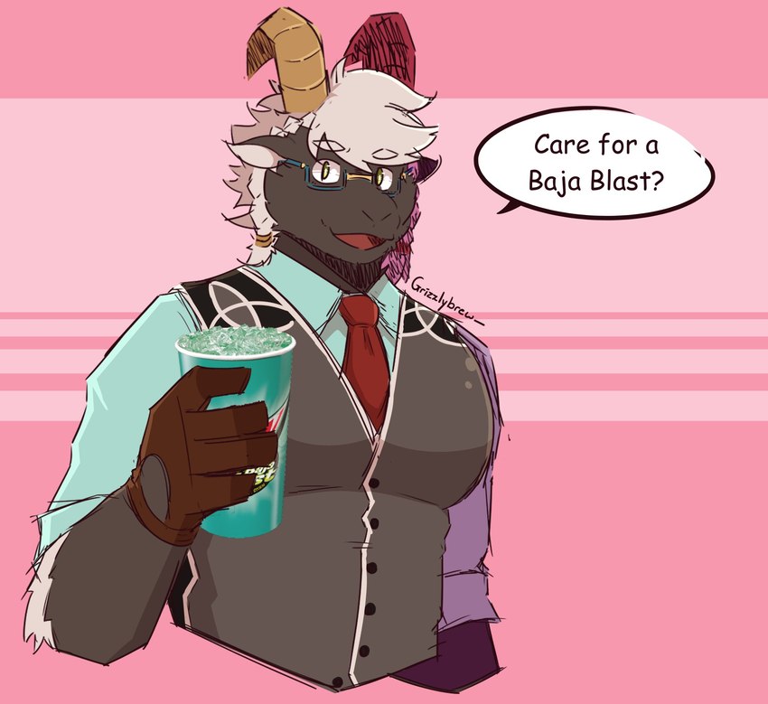 anthro black_body black_fur clothing eyewear fur glasses hair horn humor male necktie solo suit text white_hair grizzlybrew baja_blast lifewonders mountain_dew tokyo_afterschool_summoners tanngrisnir_(tas) bovid caprine goat mammal hi_res