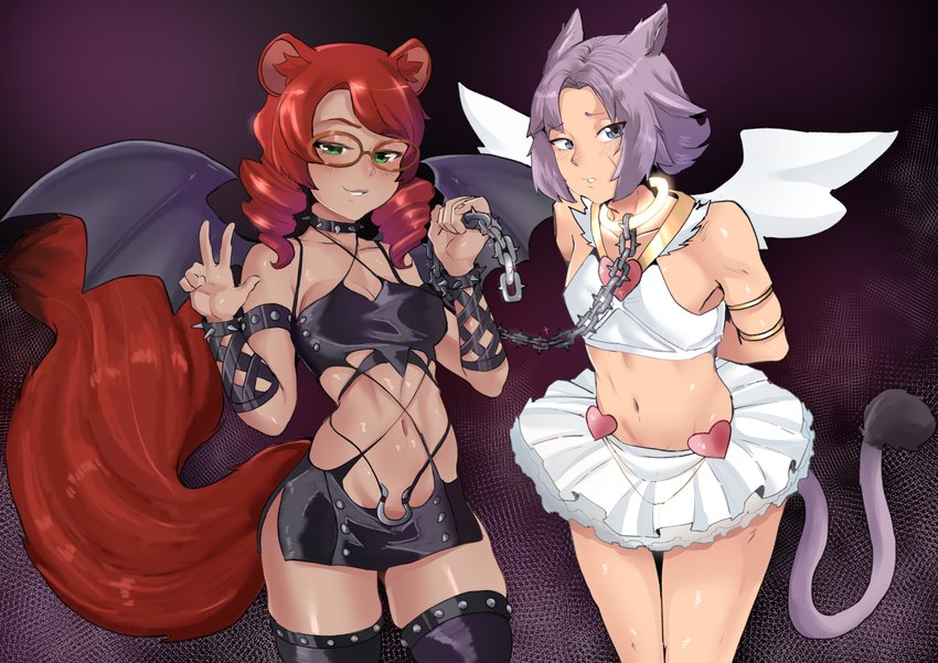 angel_costume bat_wings bottomwear chain chain_leash clothed clothing collar cosplay costume crossdressing devil_costume dominant dominant_female drill_curls duo eyewear feathered_wings feathers female femboy fluffy fluffy_tail fur furgonomics gesture glasses hair hand_gesture leash leggings legwear male male/female membrane_(anatomy) membranous_wings skirt smile submissive submissive_male tail tail_through_skirt tail_under_skirt v_sign wings cafin final_fantasy final_fantasy_xiv panty_and_stocking_with_garterbelt square_enix casimira_(orannis0) tsimh'ir_(iirien) animal_humanoid cat_humanoid felid felid_humanoid feline feline_humanoid humanoid mammal mammal_humanoid miqo'te rodent rodent_humanoid sciurid sciurid_humanoid tree_squirrel_humanoid absurd_res digital_media_(artwork) hi_res