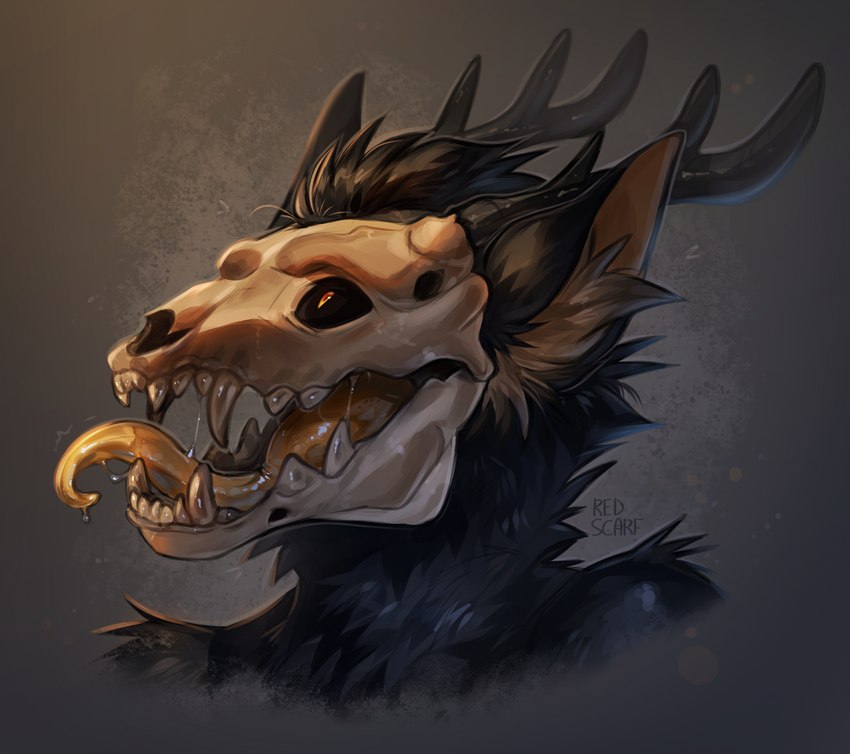 antlers black_eyes bone fur horn male side_profile solo teeth tongue tongue_out yellow_eyes yellow_tongue mekaska american_mythology indigenous_north_american_mythology mythology north_american_mythology skull_dog wendigo 2024 headshot_portrait hi_res portrait watermark