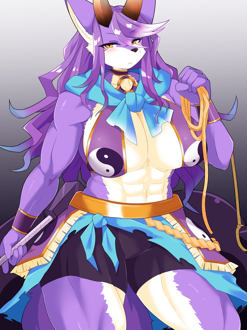 abs anthro big_breasts breasts clothed clothing female fur hair horn kemono looking_at_viewer muscular muscular_female purple_body purple_fur solo takeshi_kemo cyberconnect2 drecom full_bokko_heroes ginkaku_(full_bokko_heroes) silver_horned_king_(full_bokko_heroes) canid canine mammal 3:4 absurd_res hi_res