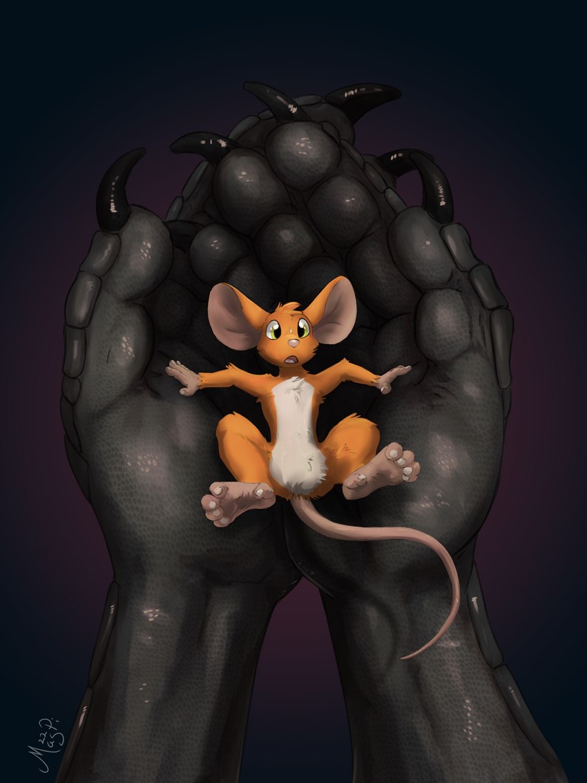 5_fingers ambiguous_gender anthro black_hands duo faceless_character featureless_crotch feet fingers gradient_background green_eyes hand_focus holding_micro humanoid_hands larger_ambiguous male micro simple_background size_difference smaller_male solo_focus surprised_expression magpi mag_(magpi) wafflemouse mammal mouse murid murine rodent 2023 3:4 hi_res