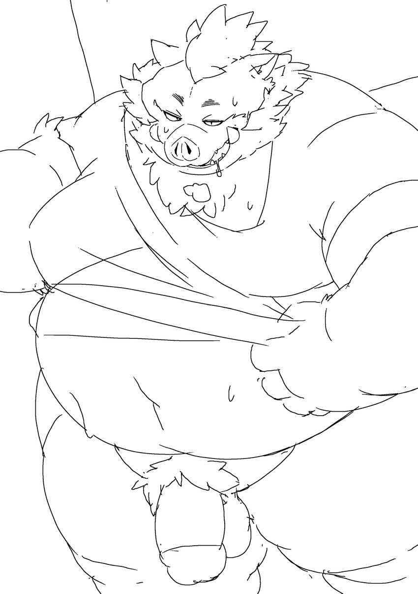 anthro balls belly big_belly bodily_fluids genitals humanoid_genitalia humanoid_hands humanoid_penis kemono male overweight overweight_male penis solo sweat sigenoya takotyutyu lifewonders tokyo_afterschool_summoners ganglie_(tas) mammal suid suina sus_(pig) wild_boar 2022 hi_res monochrome sketch