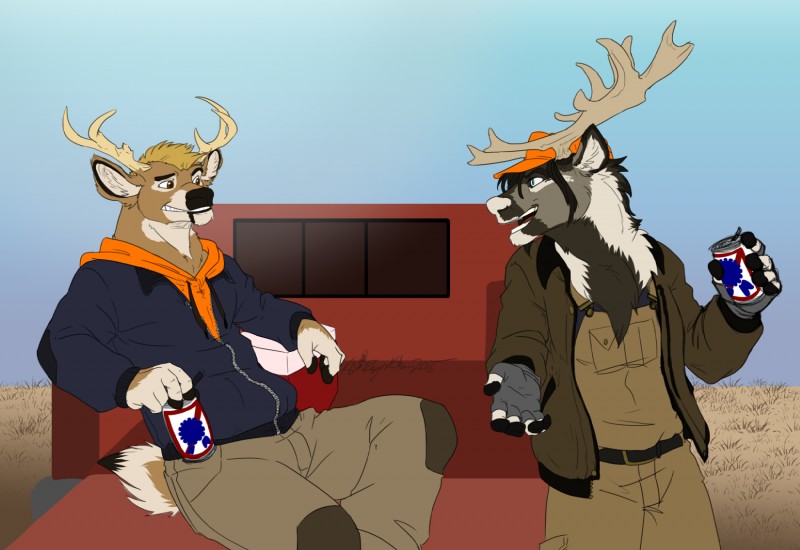 alcohol anthro antlers beer beverage clothed clothing duo fur hair horn male open_mouth outside smile standing teeth regentshaw deer mammal hi_res