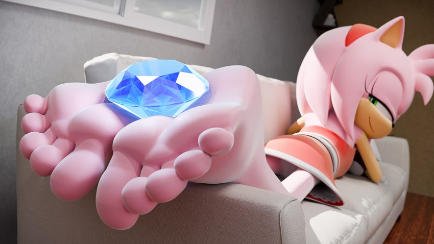 5_toes anthro barefoot chaos_emerald clothing feet female foot_focus fur furniture gem green_eyes humanoid_feet narrowed_eyes pink_body pink_skin plantigrade sofa soles solo toes feetymcfoot sega sonic_the_hedgehog_(series) amy_rose eulipotyphlan hedgehog mammal 16:9 3d_(artwork) 4k absurd_res digital_media_(artwork) hi_res widescreen