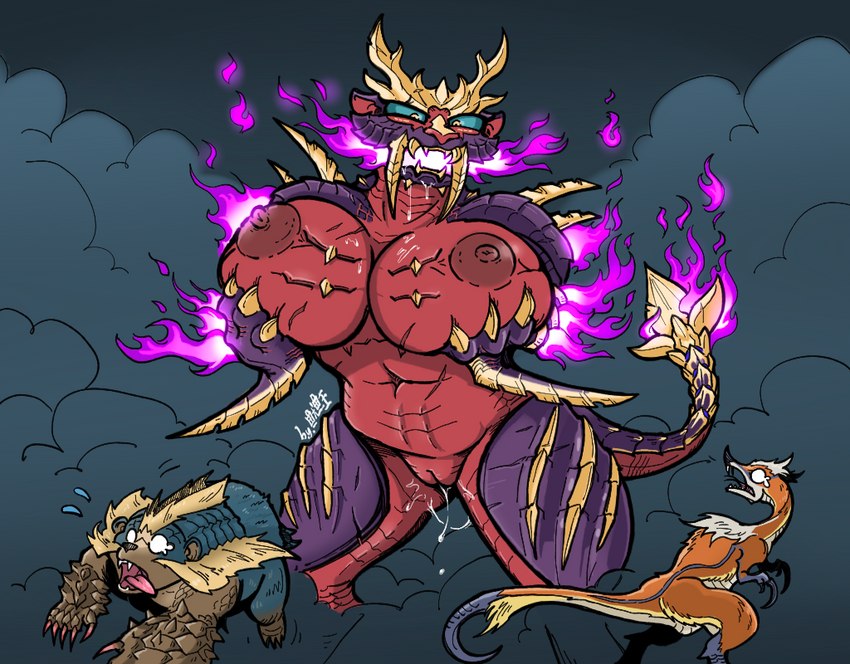 anthro areola big_breasts big_butt breasts butt claws female feral fire flaming_tail genitals group long_tail nipples nude plump_labia pussy tail thick_thighs trio squidking capcom monster_hunter mythology arzuros dragon fanged_wyvern felid great_izuchi magnamalo mammal mythological_creature mythological_scalie pantherine primatius scalie tiger