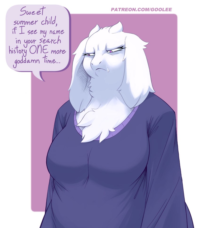 anthro biped bodily_fluids breasts clothed clothing dialogue female fur solo speech_bubble sweat text white_body white_fur goolee undertale undertale_(series) toriel boss_monster_(undertale) bovid caprine goat mammal english_text