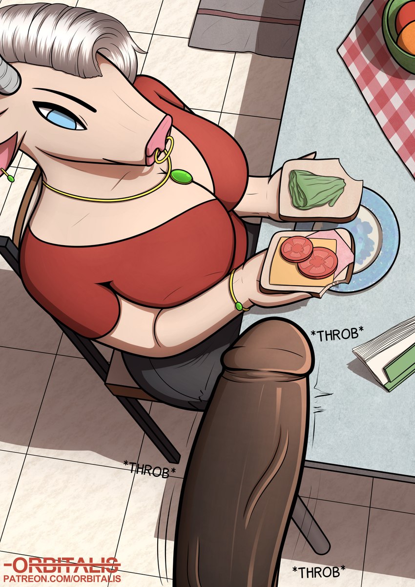 anthro apple big_breasts big_penis black_bottomwear black_clothing black_penis black_skirt blue_eyes bottomwear bracelet breasts chair cheese clothed clothing dairy_products ear_piercing emerald_(gem) eyebrows facial_piercing female floor food fruit furniture gem genitals grey_horn hair ham high-angle_view holding_food holding_object horn humanoid_genitalia humanoid_penis jewelry lettuce looking_at_genitalia looking_at_penis male mat mature_anthro mature_female mayonnaise meat mostly_offscreen_character napkin necklace nose_piercing nose_ring orange_(fruit) penis piercing pink_nose plant plate pork question_mark red_clothing red_shirt red_topwear ring_piercing sandwich_(food) septum_piercing septum_ring shirt sitting skirt solo speech_bubble table text throbbing throbbing_penis tight_clothing tight_shirt tight_topwear tile tile_floor tomato topwear vegetable vein white_hair orbitalis bovid bovine cattle mammal hi_res url