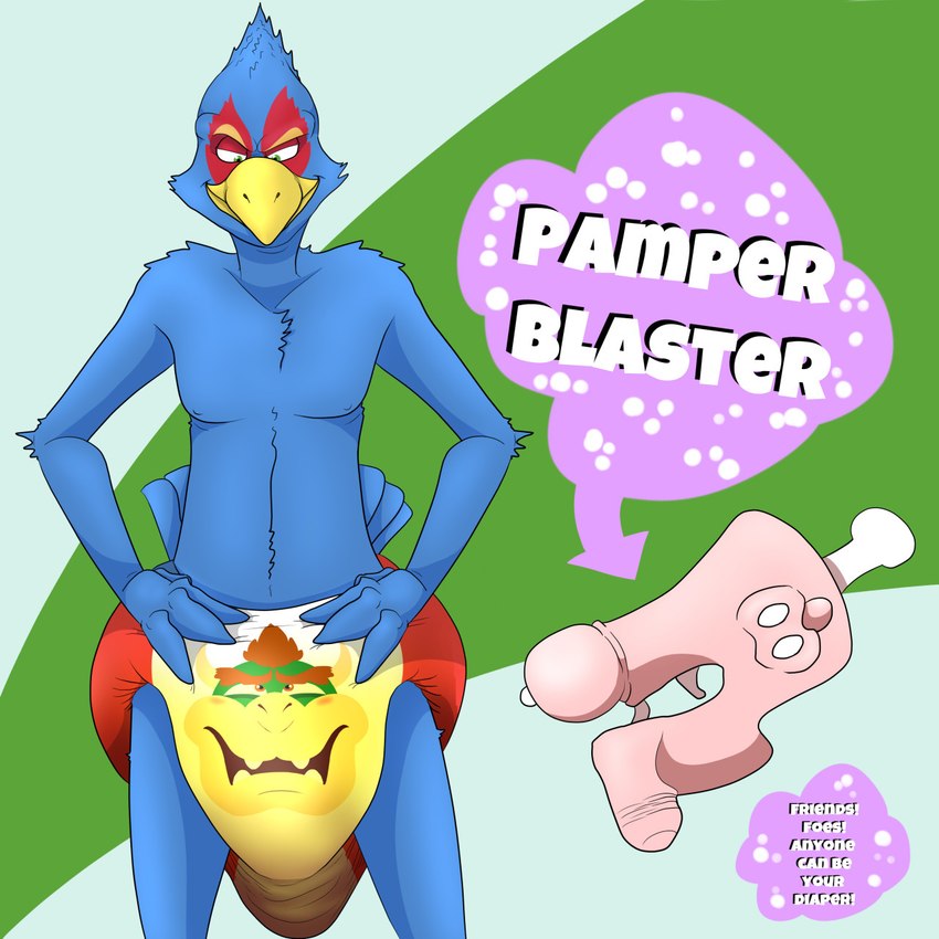 anthro blue_body blue_feathers clothing creature_print diaper diaper_transformation feathers feces head_print inanimate_transformation male print_diaper scatplay soiled_diaper soiling solo text transformation unclean_diaper used_diaper kanada mario_bros nintendo star_fox bowser falco_lombardi animate_inanimate avian bird diaper_creature 1:1 hi_res