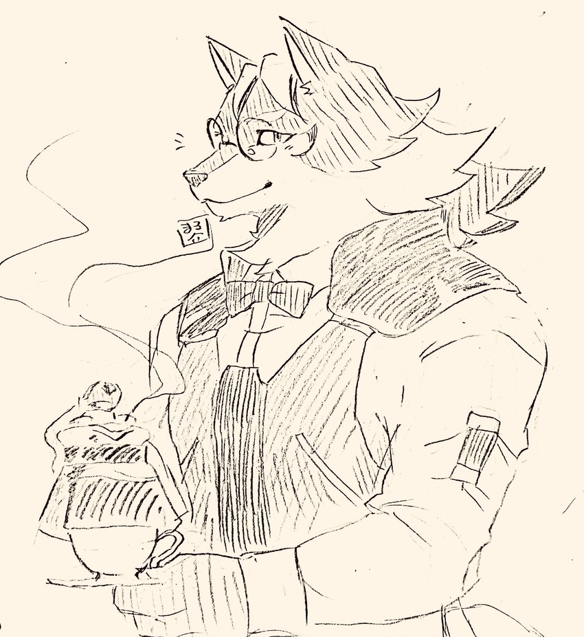 anthro clothing container cup eyewear fur glasses gloves handwear holding_container holding_cup holding_object looking_at_viewer male shirt solo topwear vest waiter ofioo7ulkvtht3h lifewonders live_a_hero esperdica canid canine canis mammal wolf absurd_res hi_res monochrome sketch