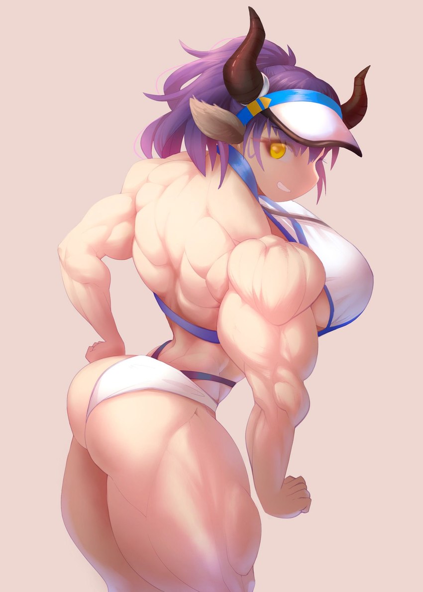 back_muscles biceps big_muscles breasts butt clothed clothing deltoids female flexing hair hamstrings horn huge_muscles muscular muscular_female ponytail purple_hair quads solo thick_thighs triceps visor yellow_eyes d.angelo arknights hypergryph studio_montagne sideroca_(arknights) animal_humanoid bovid bovid_humanoid bovine bovine_humanoid humanoid mammal mammal_humanoid 2022 hi_res