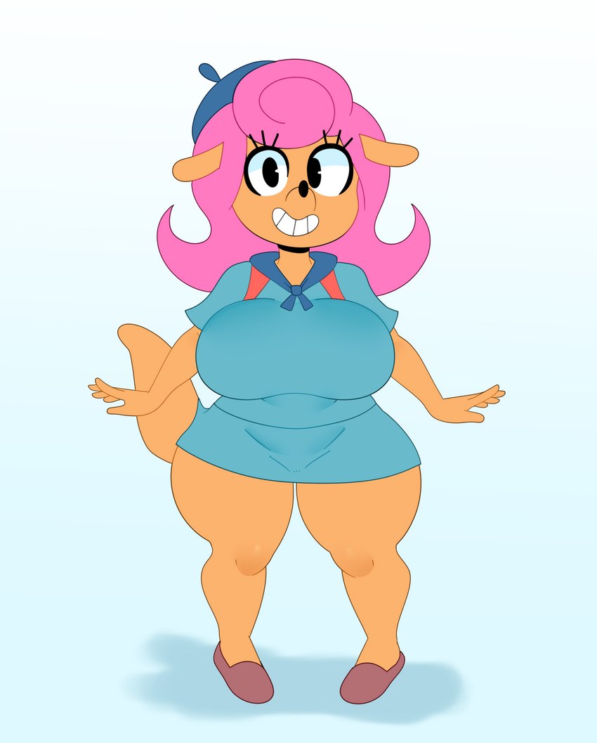 anthro big_breasts black_eyes black_nose breasts brown_body brown_fur clothing female fur hair hat headgear headwear looking_at_viewer pink_hair short_stack smile solo thick_thighs uniform wide_hips somescrub camp_lazlo cartoon_network patsy_smiles herpestid mammal mongoose 2021 hi_res