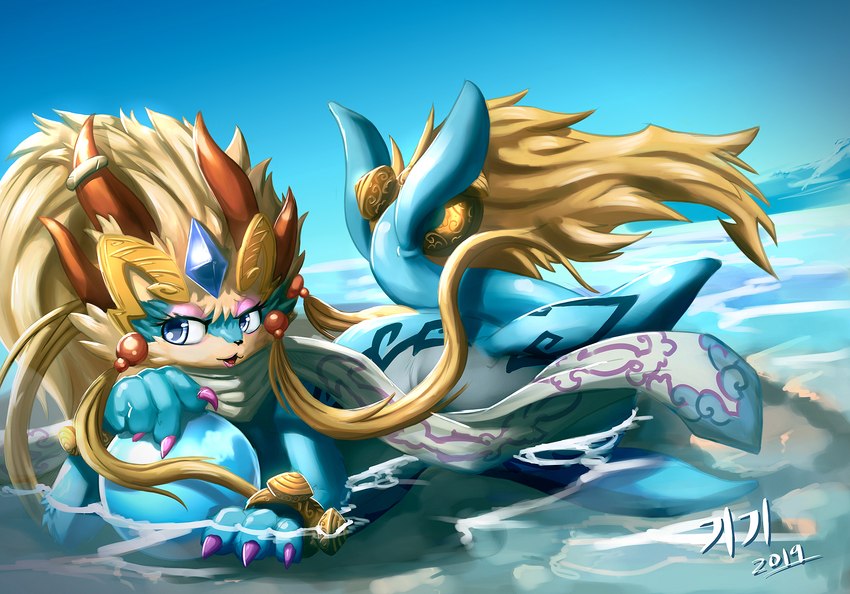 black_nose blonde_hair blue_eyes claws eyelashes female gem hair looking_at_viewer open_mouth outside partially_submerged sky solo water lunesnowtail bandai_namco tales_of_(series) tales_of_rebirth shaorune 2019 dated digital_media_(artwork) hi_res shaded