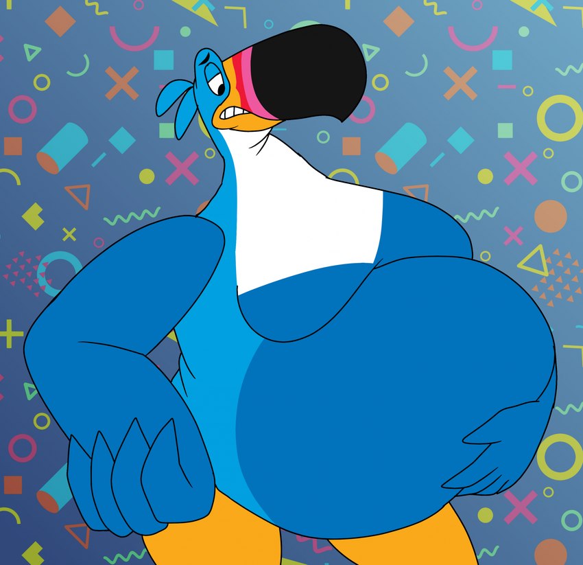 anthro beak belly big_belly blue_body feathers huge_belly male mascot moobs nude obese overweight solo wolfox90210 froot_loops kellogg's toucan_sam avian bird toucan 2024 hi_res