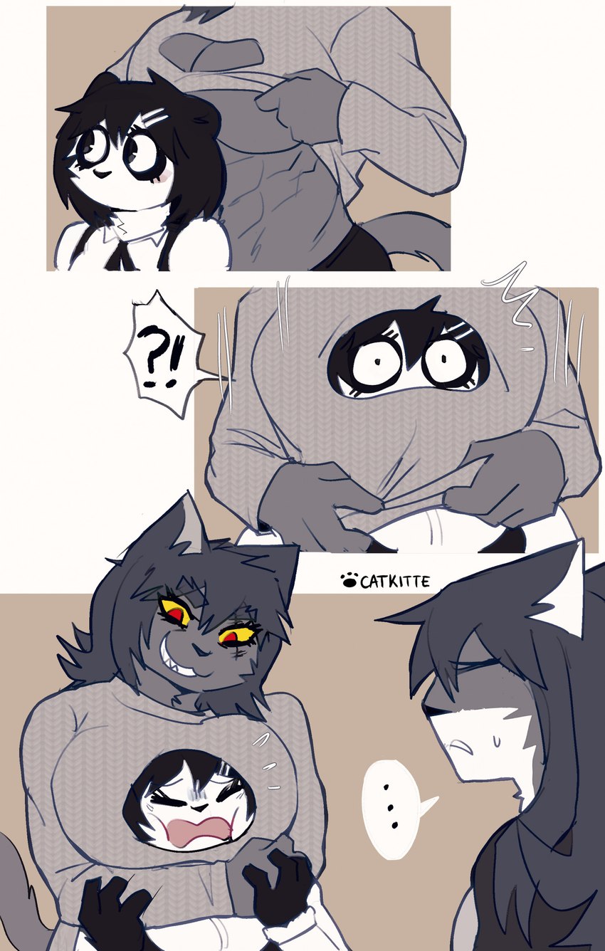 abs anthro breasts caught_off_guard clothing crossgender female group hair mtf_crossgender red_eyes screaming smile sweater tail topwear trio catkitte bonehand_(catkitte) panda_(catkitte) ugly_cat_(catkitte) bear domestic_cat felid feline felis giant_panda mammal 2024 absurd_res comic digital_drawing_(artwork) digital_media_(artwork) hi_res signature