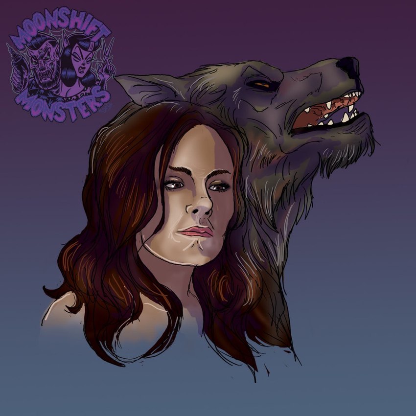 anthro black_body black_fur brown_hair female fur hair logo long_hair narrowed_eyes open_mouth sharp_teeth simple_background solo teeth transformation moonshiftmnstrs mythology trick_'r_treat laurie_(trick_r_treat) canid canine human mammal mythological_canine mythological_creature werecanid werecanine werecreature werewolf 1:1 hi_res