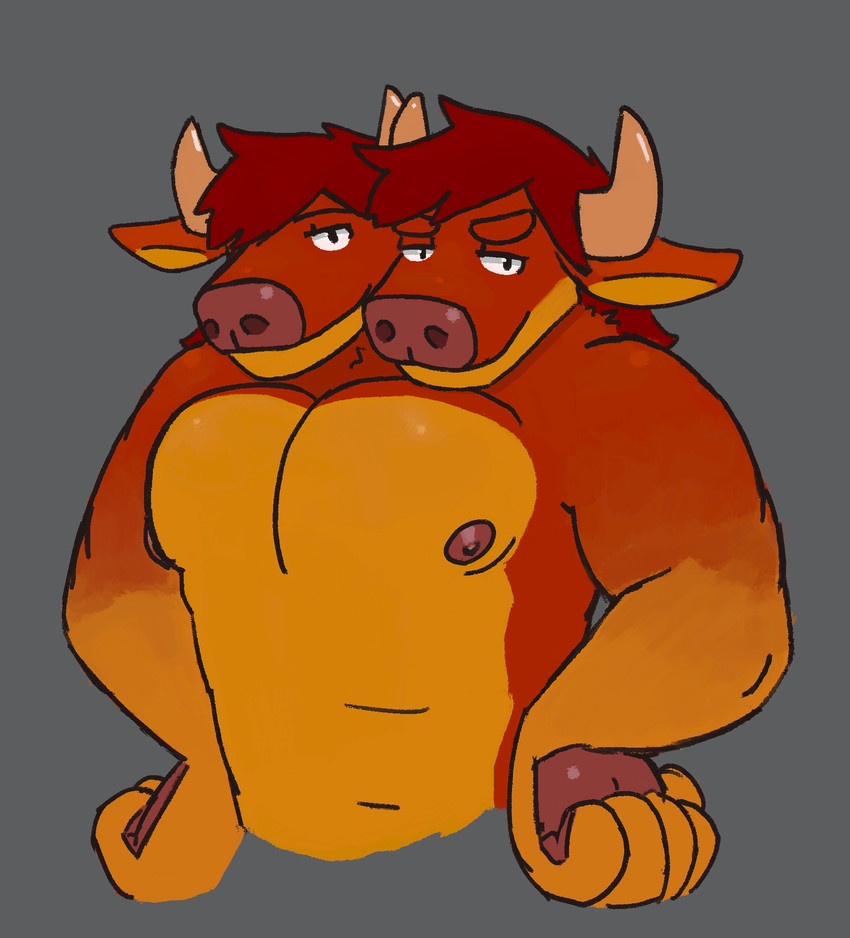 2_heads anthro clothed clothing horn male multi_head solo topless aoba_(artist) borges borges_(aoba) bovid bovine cattle mammal half-length_portrait hi_res portrait