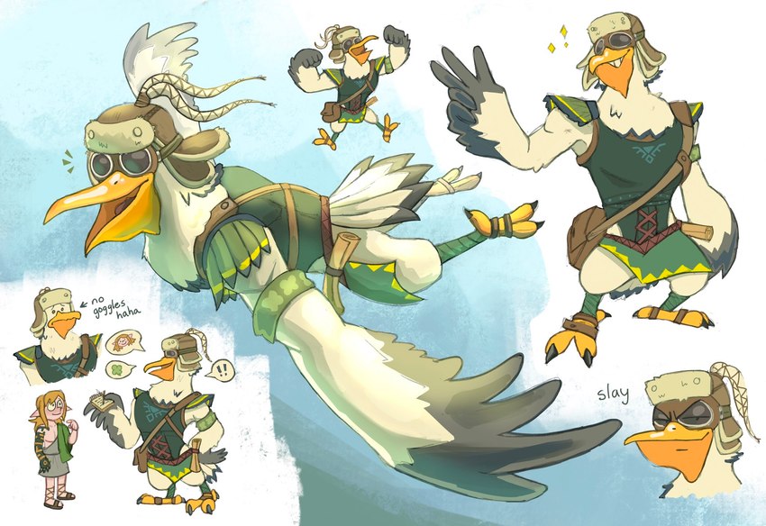 anthro blonde_hair clothing duo eyewear feathers feet flying goggles hair hat headgear headwear male rauru's_arm talons toes white_body white_feathers wings absterarts nintendo tears_of_the_kingdom the_legend_of_zelda link penn_(tloz) avian bird humanoid hylian pelecaniform pelican rito hi_res multiple_images