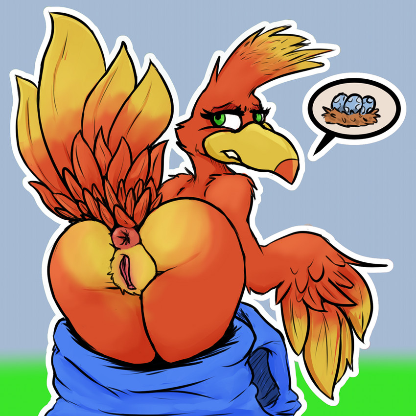 anthro anus beak butt dialogue egg feathered_wings feathers female genitals green_eyes impregnation_request pussy raised_tail rear_view red_body simple_background solo tail wings cashier:3 banjo-kazooie rareware kazooie avian bird 1:1 2020 pictographics