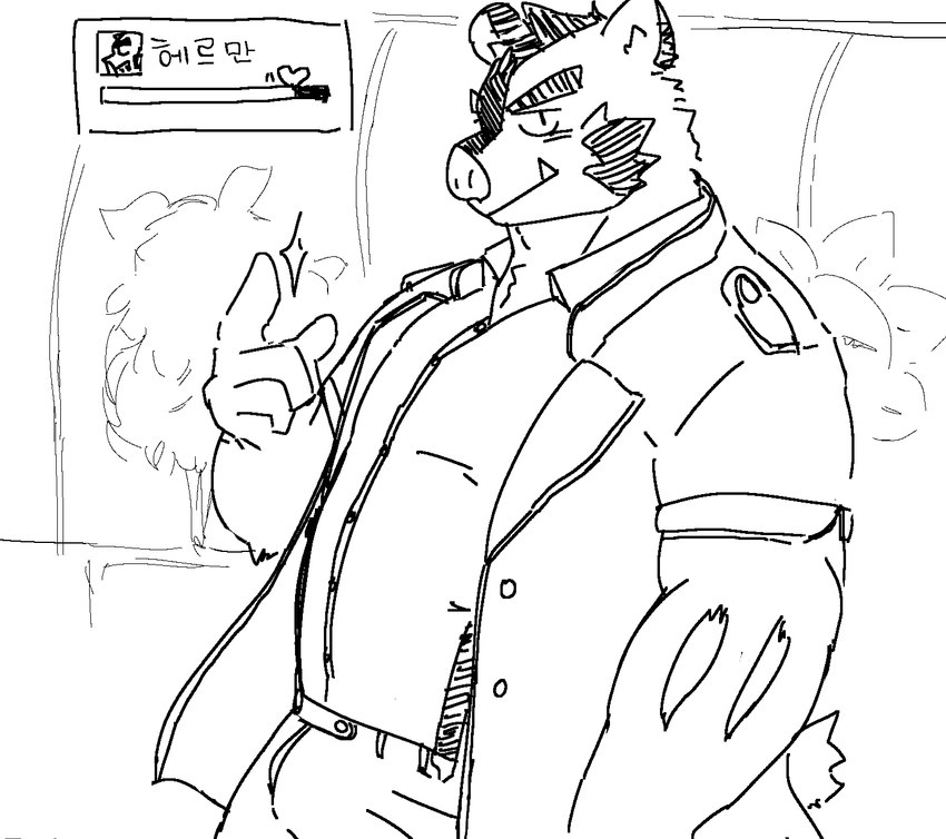 anthro belly biped bottomwear clothing cute_fangs fangs humanoid_hands kemono male pants shirt solo teeth text topwear youzo3322 knights_college hermann_(knights_college) mammal suid suina sus_(pig) wild_boar 2024 hi_res korean_text monochrome translation_request