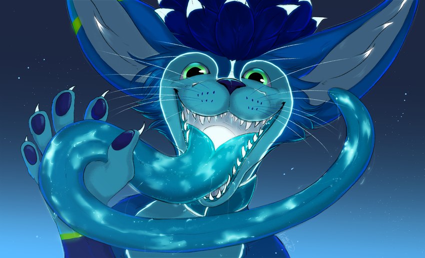 anthro bioluminescence blue_body bodily_fluids collar glowing glowing_collar glowing_markings glowing_mouth glowing_saliva glowing_stripes glowing_teeth holding_viewer imminent_vore long_tongue looking_at_viewer male markings mouth_shot open_mouth saliva solo stripes teeth tongue unusual_bodily_fluids unusual_saliva whiskers kitmurade zeitheron rexouium