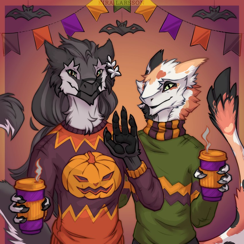 beverage clothing coffee_cup container cup duo female gesture hair halloween_decoration holding_beverage holding_object holidays looking_at_viewer scarf smile tail tail_tuft tuft waving kira_larsson halloween yuri_renior_(courierserg) sergal 1:1 hi_res