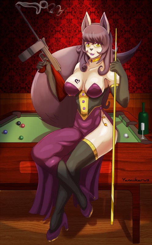 8_ball anthro armwear ball billiard_ball billiard_table biped black_hair black_nose bottle breasts cleavage clothed clothing container crossed_legs cue_ball cue_stick cup dress elbow_gloves female footwear fur furniture glass gloves gun hair handwear high_heels holding_gun holding_object holding_ranged_weapon holding_weapon inside jewelry legwear lips long_hair looking_at_viewer makeup necklace purple_lips ranged_weapon shoes sitting smile solo stockings submachine_gun table tattoo thompson_gun weapon white_body white_fur yellow_eyes yamiikarus canid canine mammal 2016 hi_res