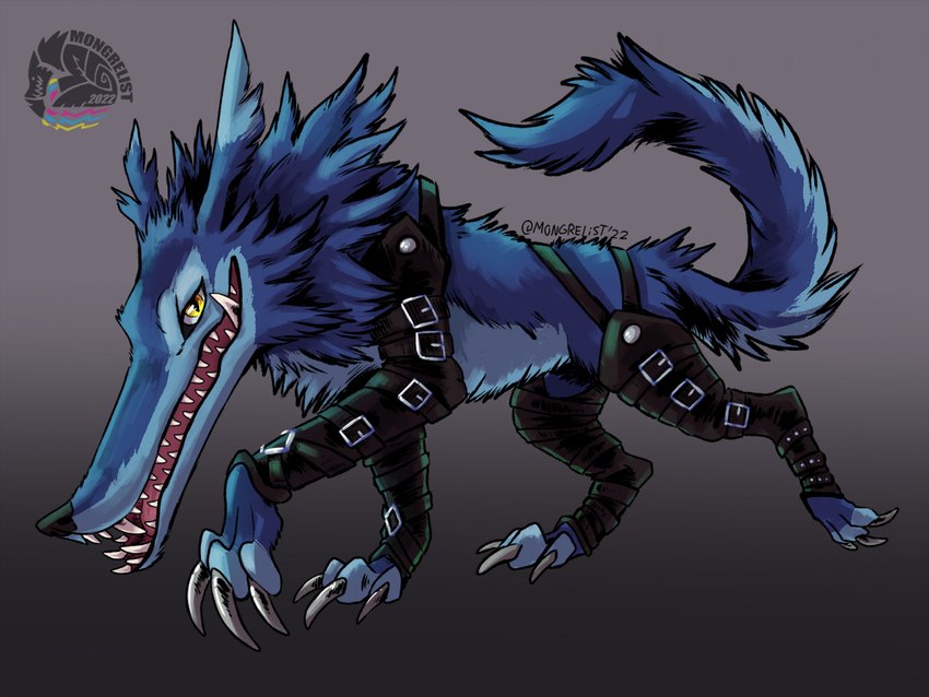 ambiguous_gender claws fangs feral leather leather_strap looking_at_viewer sharp_teeth simple_background solo straps teeth mongrelist bandai_namco digimon canid canine canis digimon_(species) fangmon mammal wolf 4:3