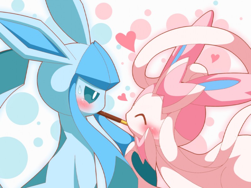 ^_^ ambiguous_gender angry annoyed big_ears blue_body blue_eyes blue_fur blush bodily_fluids daww duo eyes_closed feral food fur heart_symbol pink_body pink_fur ribbons simple_background smile sweat sweatdrop white_body white_fur nell_two nintendo pocky pokemon eeveelution generation_4_pokemon generation_6_pokemon glaceon pokemon_(species) sylveon 4:3