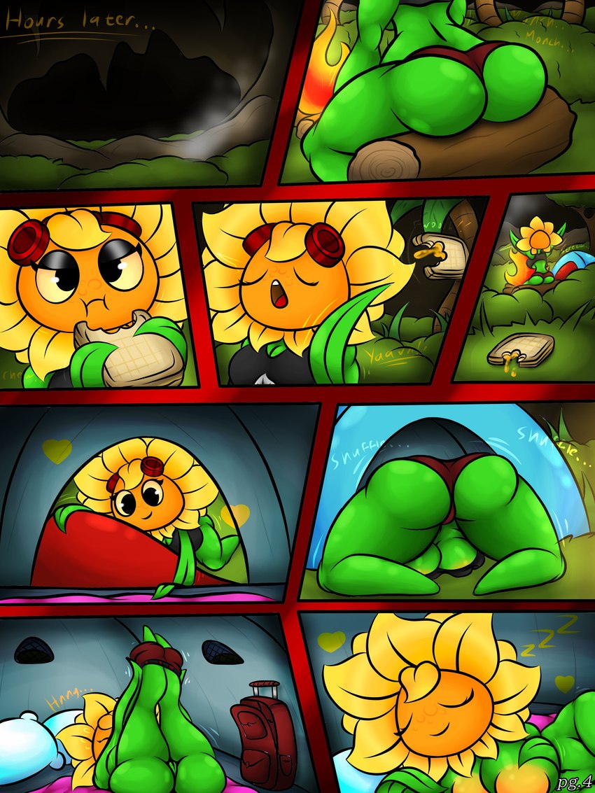 anthro bottomwear breasts butt clothing crop_top eating female flower genitals green_body heart_symbol hotpants nipples plant pussy rear_view shirt shorts sleeping solo topwear under_boob undressing blobslimey electronic_arts plants_vs._zombies plants_vs._zombies_heroes popcap_games solar_flare_(pvz) elemental_creature flora_fauna flower_creature sunflower_(pvz) 3:4 absurd_res comic hi_res