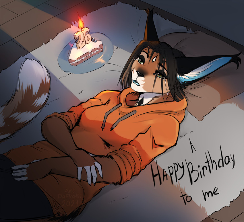 5_fingers anthro bodily_fluids breasts brown_hair cake candle candlelight clothing dessert eyebrows eyelashes female fingers food green_eyes hair hoodie light lonely long_ears lying_on_ground on_ground orange_clothing orange_hoodie orange_topwear pillow sad solo tail tears topwear dafka bufl_(dafka) caracal caracal_(genus) felid feline mammal 2021 digital_media_(artwork)