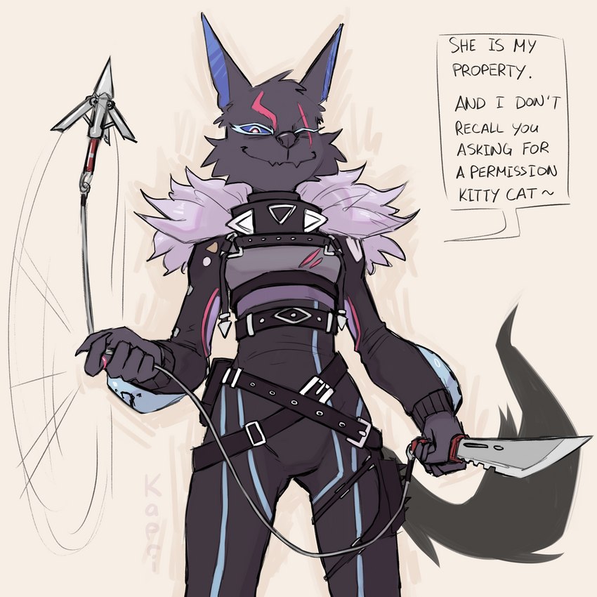 alternative_fashion anthro belt belt_buckle buckle eye_scar facial_scar female fur grappling_hook markings ring scar skewed_belt solo speech_bubble text kapri epic_games fortnite pack_leader_highwire canid canine mammal 1:1 absurd_res english_text hi_res