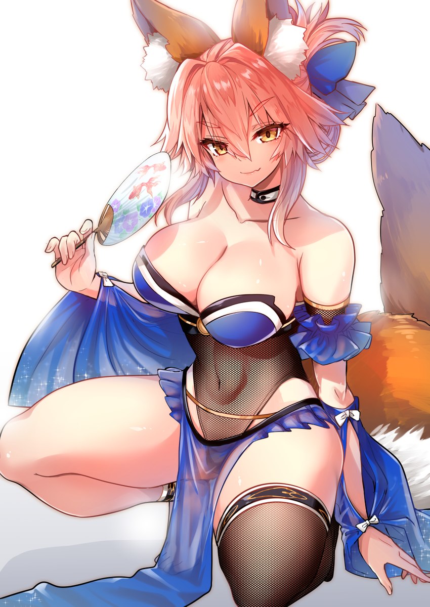 5_fingers amber_eyes big_breasts blush breasts choker clothing female fingers hair holding_fan inner_ear_fluff jewelry legwear looking_at_viewer navel necklace simple_background smile solo stockings tuft white_background wisespeak fate_(series) type-moon caster_tamamo-no-mae animal_humanoid canid canid_humanoid canine canine_humanoid fox_humanoid humanoid mammal mammal_humanoid 2021 hi_res