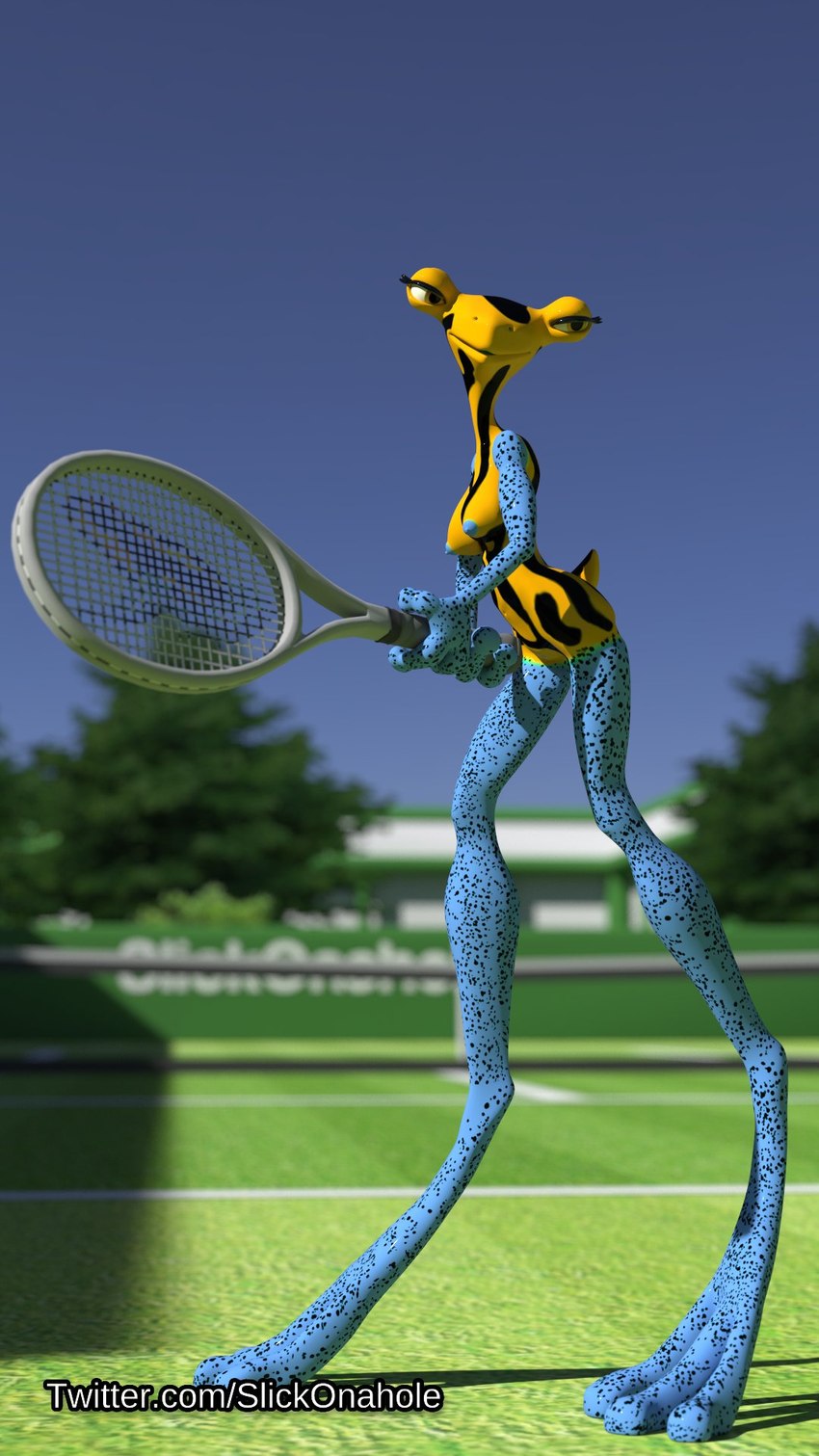 3_fingers 3_toes anthro breasts digitigrade erect_nipples feet female fingers markings medium_breasts multicolored_body nipples nude outside racket small_tail solo sport spots spotted_body standing tail tall tennis tennis_court toes yellow_body slickonahole chimalma_(slickonahole) amphibian frog poison_dart_frog 3d_(artwork) 9:16 digital_media_(artwork) hi_res