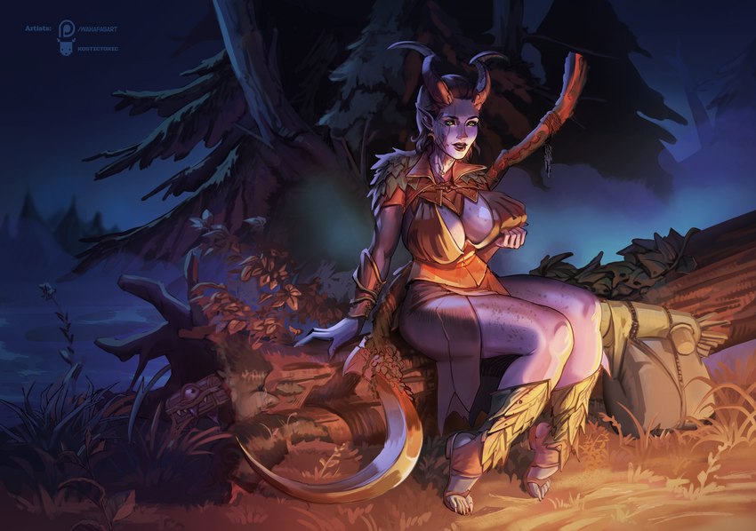 big_breasts blue_body blue_skin body_freckles breasts campfire camping clothed clothing detailed_background facial_tattoo fantasy female fire fog forest freckles grass green_eyes hair horn humanoid_pointy_ears lake looking_at_viewer melee_weapon mystical night not_furry open_mouth outside plant pointy_ears polearm scythe sky smile solo spruce tail tattoo touching_breasts tree water weapon kostictoxic wahafagart baldur's_gate baldur's_gate_3 bioware dungeons_and_dragons electronic_arts hasbro larian_studios wizards_of_the_coast ghost humanoid mimic spirit tiefling 2023 digital_drawing_(artwork) digital_media_(artwork) hi_res shaded signature