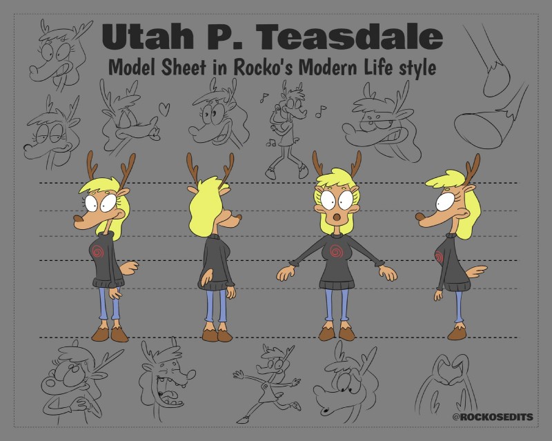 antlers blonde_hair border clothed clothing grey_border hair hooves horn kissing laugh logo smile solo sweater text topwear rockosedits nickelodeon rocko's_modern_life utah_p._teasdale deer mammal new_world_deer reindeer digital_media_(artwork) english_text hi_res model_sheet