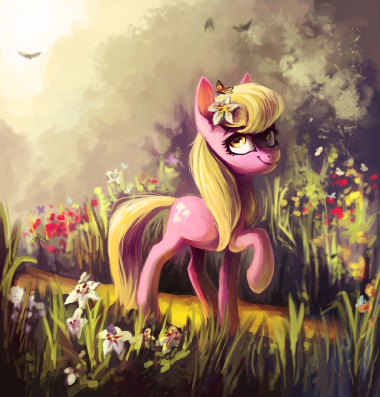 blonde_hair female flower hair plant solo deardrear friendship_is_magic hasbro my_little_pony lily_(mlp) arthropod butterfly earth_pony equid equine horse insect lepidopteran mammal pony 2015