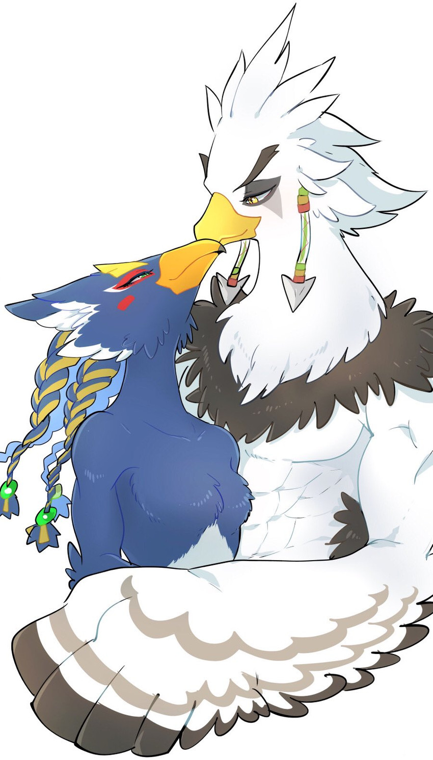 abs anthro beak blue_body blue_feathers clothed clothing cuddling duo feathers male male/male pecs topless white_body white_feathers popemadara breath_of_the_wild nintendo the_legend_of_zelda revali teba_(tloz) avian bird rito hi_res