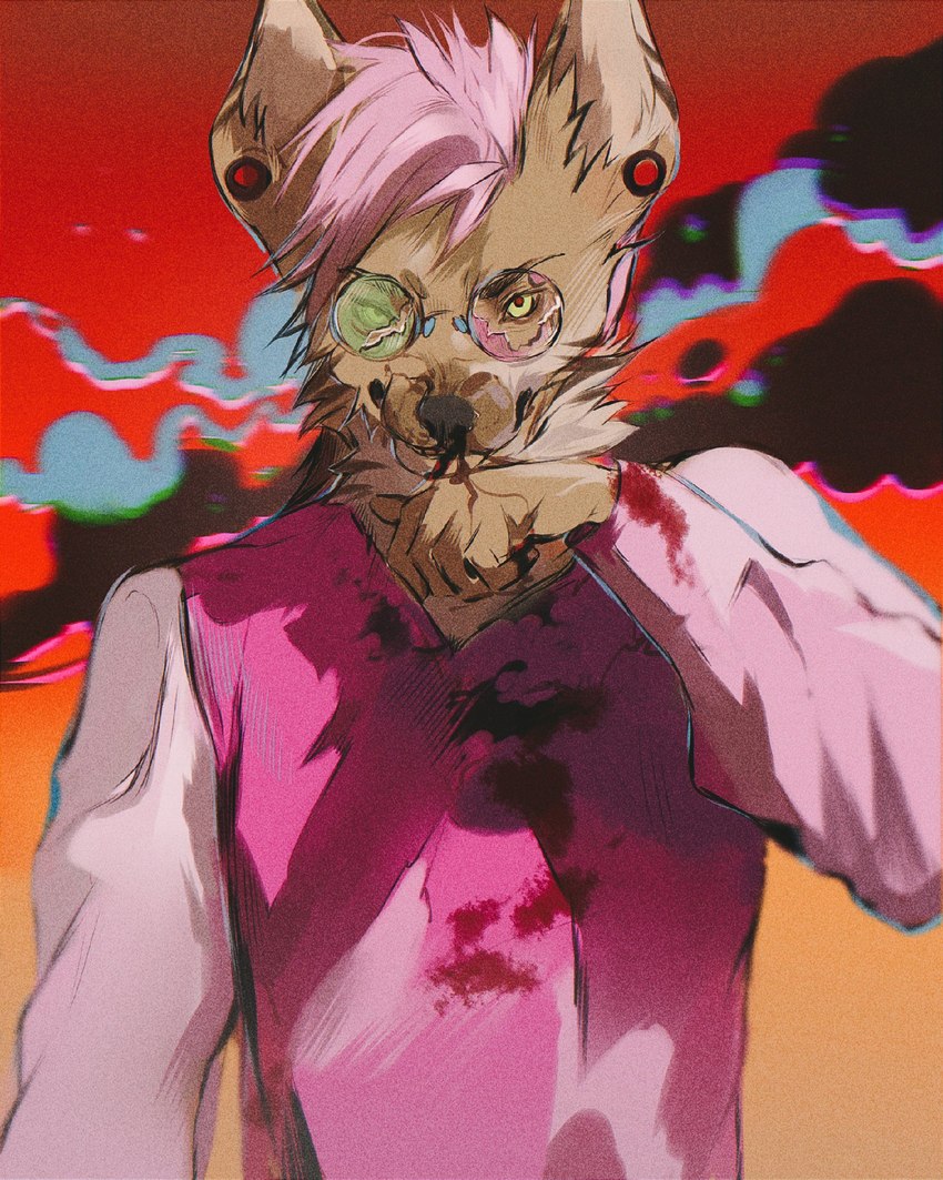 anthro blood bodily_fluids cracked_glasses male neon nosebleed piercing solo xjieb hotline_miami jakaroo_(yeenajust) hyena mammal striped_hyena 4:5 hi_res