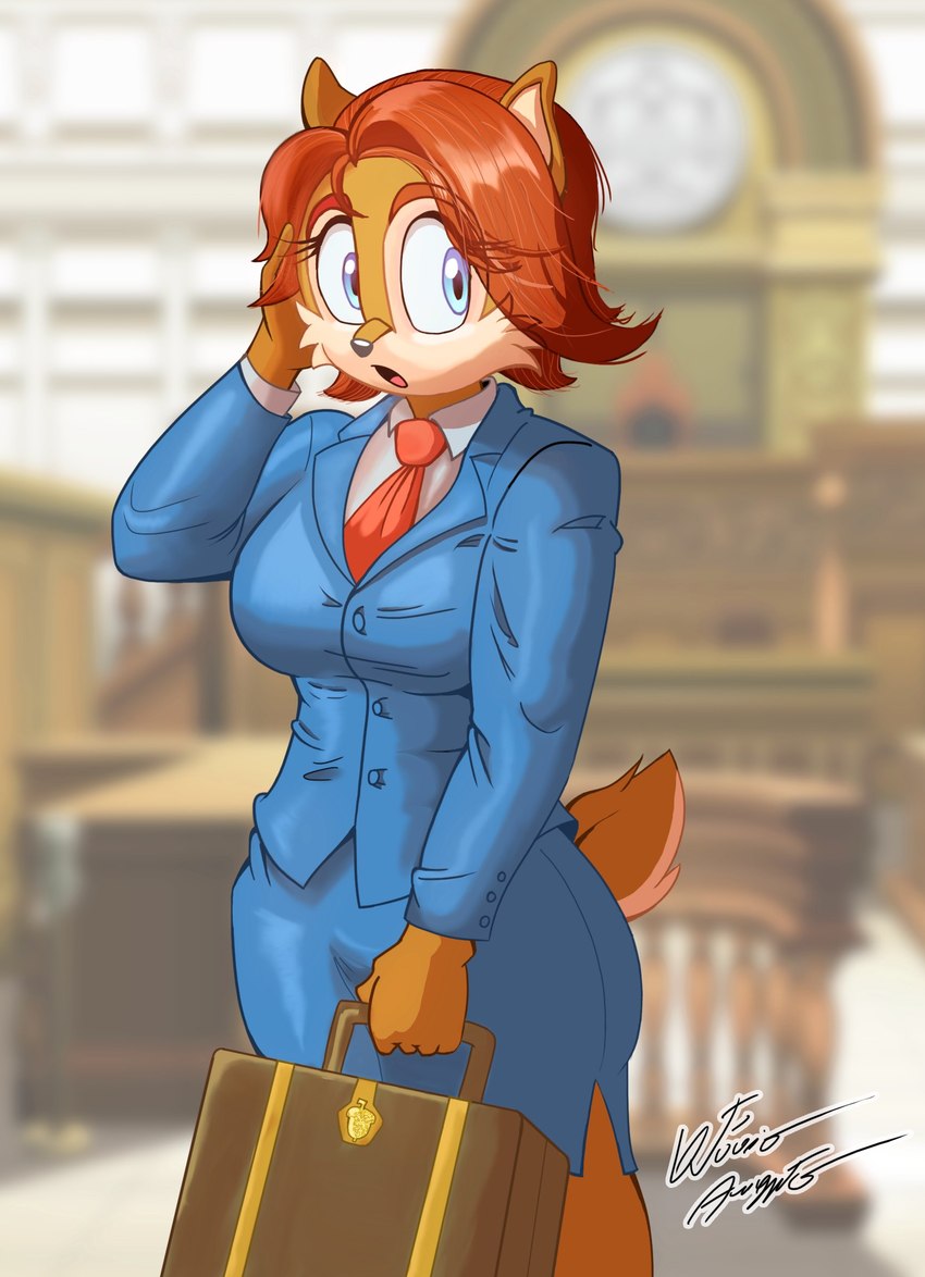 anthro blue_clothing blue_eyes blue_suit briefcase cheek_tuft clothing facial_tuft female hair hand_on_head necktie red_hair red_necktie short_hair solo suit three_piece_suit tuft azul35art archie_comics sega sonic_the_hedgehog_(archie) sonic_the_hedgehog_(comics) sonic_the_hedgehog_(series) sally_acorn ground_squirrel mammal rodent sciurid absurd_res hi_res